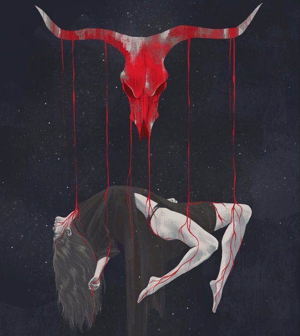 A dark surrealist painting showing a woman in a black dress suspended in an arched pose against a starry background, with red streams of blood dripping from a floating bull skull above her.