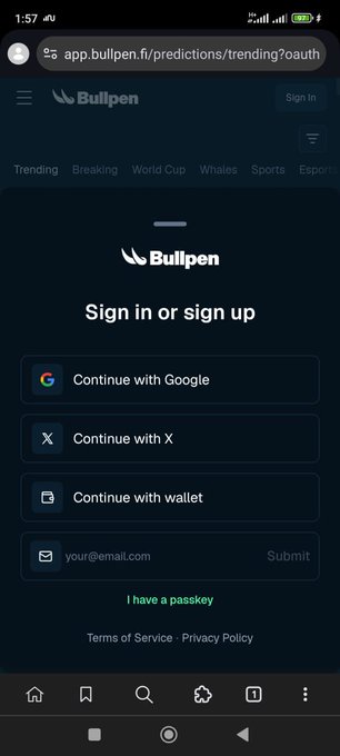 A mobile screenshot of the Bullpen app sign-in page at app.bullpen.fi/predictions/trending, offering options to continue with Google, X, or a wallet.