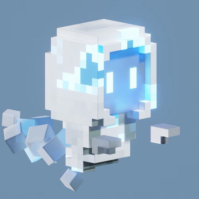 A 3D voxel-style character made of white and light blue blocks floats against a solid blue background.