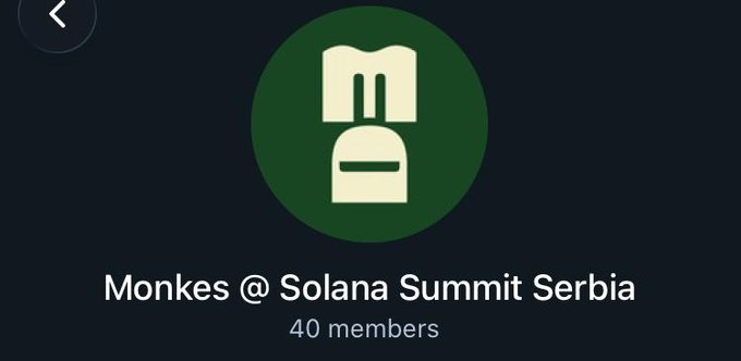 A Telegram group icon showing a green circle with a white Monkes logo and the text 'Monkes @ Solana Summit Serbia' with '40 members'.