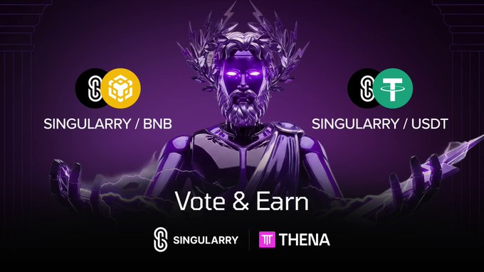 Promotional graphic for Singularity on THENA exchange featuring 'Vote & Earn' with SINGULARRY/BNB and SINGULARRY/USDT pairs.