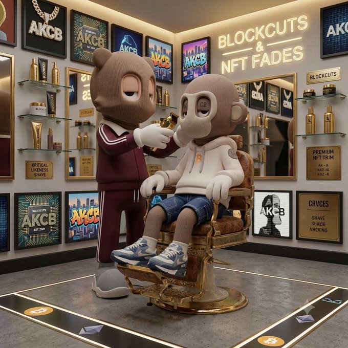 A 3D rendered scene of a barbershop called 'BLOCKCUTS & NFT FADES', featuring two characters resembling NFT collectibles - one standing as a barber and one sitting in a barber chair, surrounded by AKCB posters and grooming products.
