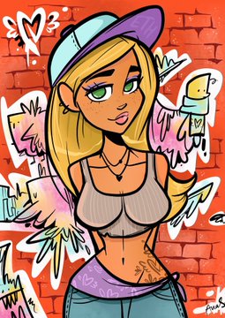 A stylized cartoon illustration of a blonde woman with green eyes wearing a purple cap, crop top, and jeans, posing in front of a graffiti-covered brick wall with a heart and '03' design.