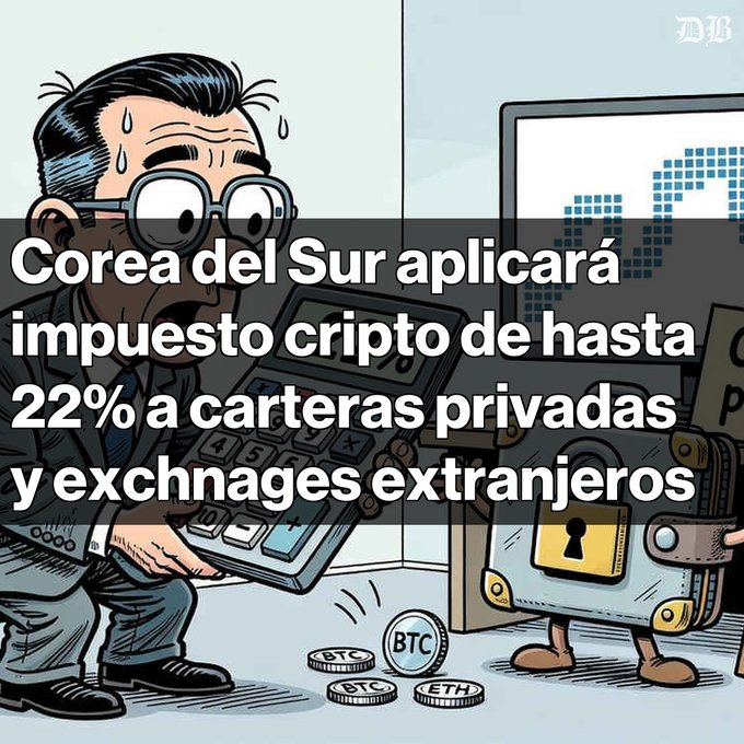 A cartoon illustration shows a sweating businessman in a suit and glasses holding a calculator, standing next to a vault and scattered cryptocurrency coins labeled BTC and ETH. Overlay text reads: 'Corea del Sur aplicará impuesto cripto de hasta 22% a carteras privadas y exchnages extranjeros.' The top right corner features the 'MB' logo.