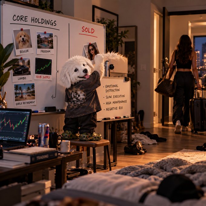 A small white dog in a black shirt stands on a chair in a messy living room, gesturing at a whiteboard labeled 'CORE HOLDINGS' showing assets like '$EULER', 'FREEDOM', 'LAMBO', '100X SUPPLY', and 'EARLY RETIREMENT', while a woman walks away in the background.
