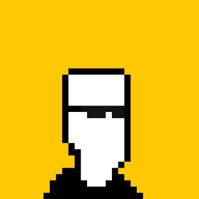 A pixel art portrait of a man with white hair and beard on a solid yellow background.