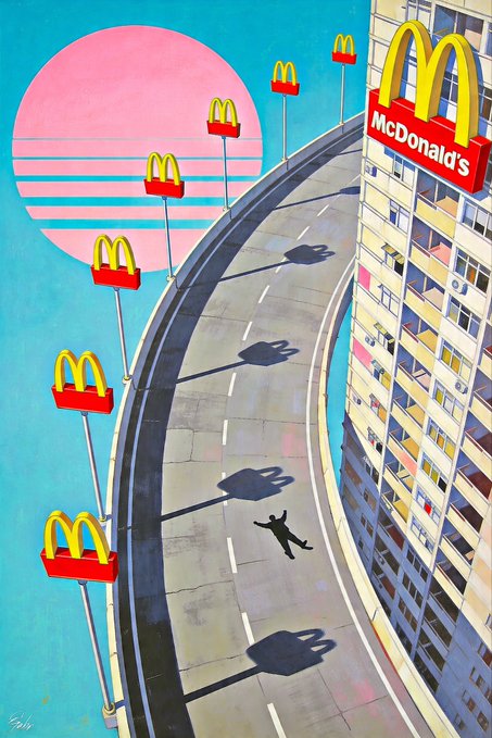 Colorful artwork featuring multiple McDonald's golden arches signs on poles beside a curved highway, with a McDonald's building and a small figure running on the road under a pink sun.