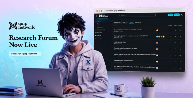 A character in a Guy Fawkes mask wearing a "QUIP Network" hoodie works on a laptop beside a browser window showing the live Research Forum at research.quip.network, where various quantum computing and cryptography topics like "Bagwell Portfolio: Selection on a Quantum Annular" and "Topological Registration, Selection, and Compensation for QPU/VNF" are listed—tying into the post's discussion of QUIP Network's hands-on quantum trading demonstration at Quantum Tech World 2026.