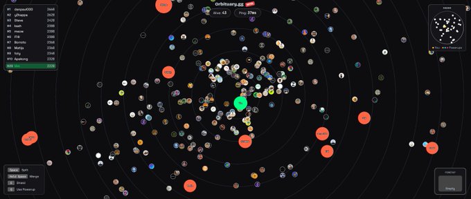 A solar system map titled 'Orbisaurs-EE' shows a view with the Sun in the center and numerous asteroids orbiting around it, with user profile panel on the left side.