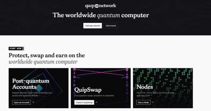 The Quip Network website homepage featuring the tagline 'The worldwide quantum computer' with three sections: 'Post-quantum Accounts,' 'QuipSwap,' and 'Nodes' for protecting assets and earning QUIP.