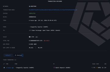 This image shows a blockchain transaction explorer page displaying a transfer of 1 million APEX tokens (valued at $111,000) from a Dragonfly Capital wallet to Bybit, as indicated by the "Dragonfly Capital" label and the source address beginning with "0x3D8E..." moving 1.000 APEX tokens via BNB Smart Chain on August 8, 2024.
