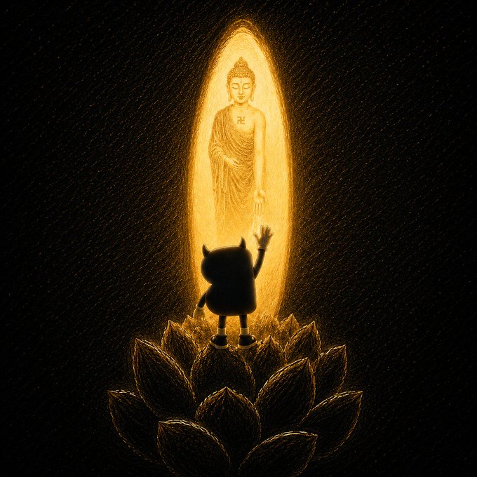 An artistic illustration depicting a small cat-like character standing on a golden lotus flower, reaching up toward an illuminated Buddha figure glowing against a dark background.