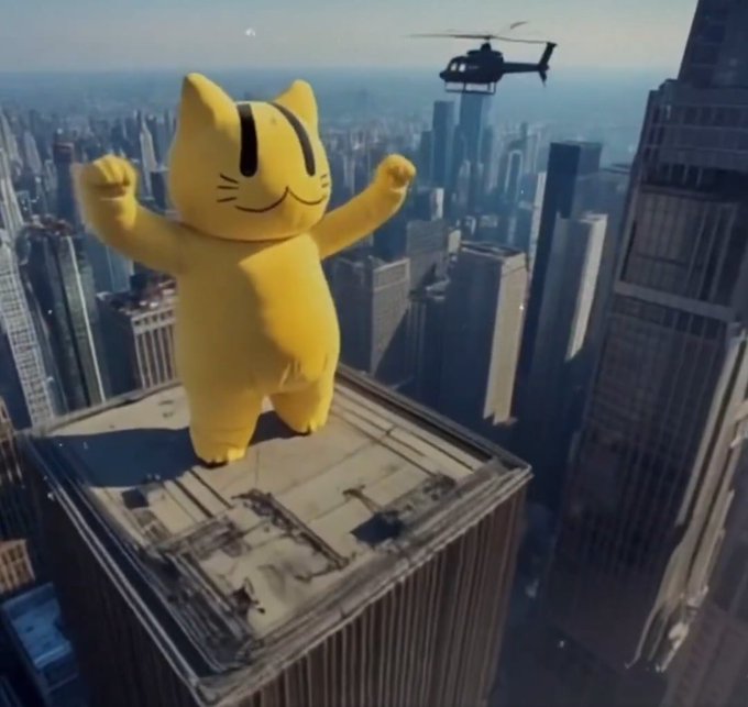 A yellow cat balloon statue, with black stripes and a smiling face, stands on a rooftop in New York City's skyline, accompanied by a helicopter flying overhead.