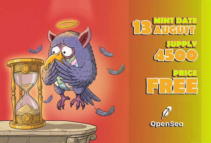 The image is a promotional graphic for an NFT mint, featuring a cartoon purple owl with a halo and falling feathers next to an hourglass, with text reading "MINT DATE 13 AUGUST, SUPPLY 4500, PRICE FREE," and an OpenSea link—aligning with the tweet offering free mint whitelist spots for Hoodbirds.