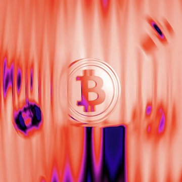 A distorted, glitch-effect Bitcoin (₿) logo rendered in pink and purple hues against a swirling red background, symbolizing the turbulence and vulnerability in the crypto space referenced in the article about the Coldcard exploit and the fundamental weakness of private keys.