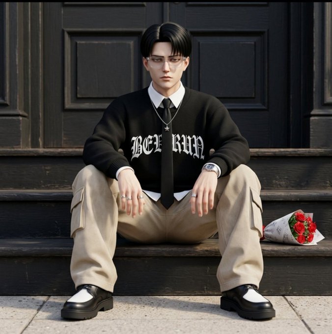A young man with glasses wearing a black sweater with gothic text, white collared shirt, black tie, beige cargo pants, and chunky black shoes, sitting on stone steps with a bouquet of red roses beside him.