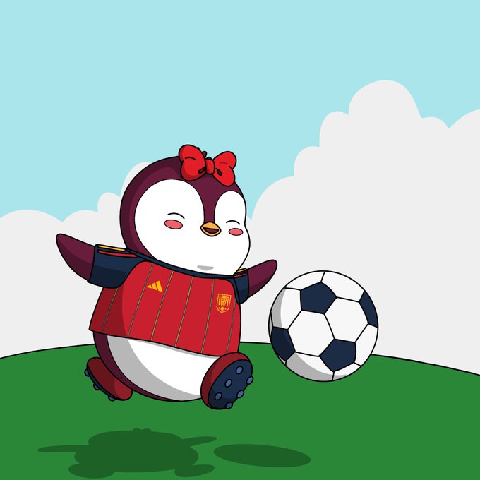 A cartoon illustration of a penguin mascot wearing a red and black soccer uniform, jumping next to a soccer ball on a grassy field.