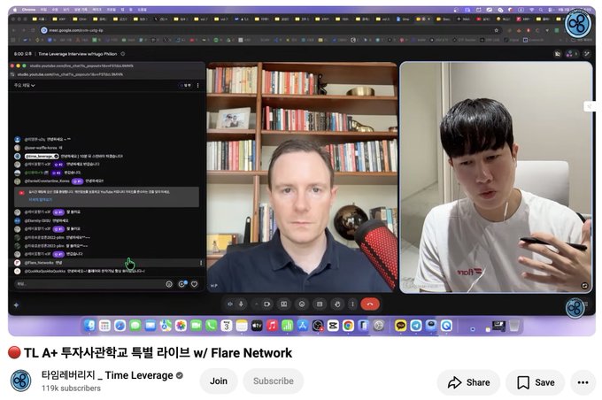 YouTube thumbnail for "TL A+ 투자사관학교 특벌 라이브 w/ Flare Network" by Time Leverage (119k subscribers), showing a video call between Hugo Philion and a Korean guest discussing Flare Network topics like FXRP, FIP.16, and $FLR.