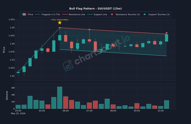 The image shows a chart with a bull flag pattern, which is an indicator of a bullish market trend. The chart displays the price movement over time, showing that the stock has been rising. The chart suggests that there might be potential for gains in the future as the stock continues to climb.
