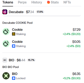 A crypto portfolio dashboard showing stats for Decubate ($7.34, +17.8%) and BIO ($6.44, +15.7%), detailing their respective staking pools with positions in Cookie ($7.29, +2.4%) and BIO ($6.35, +5.2%) tokens. The image illustrates the post's point about how wallet dashboards reveal the underlying DeFi positions (staked/locked assets) behind what may appear as simple receipt tokens.