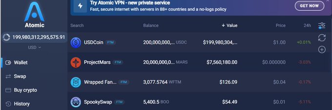 Screenshot of the Atomic wallet interface showing a balance of 199,980,312,295,575.91 USD, with a search for tokens displaying USDCoin (FTM), ProjectMars (FTM), Wrapped Fantom (FTM), and SpookySwap (FTM).