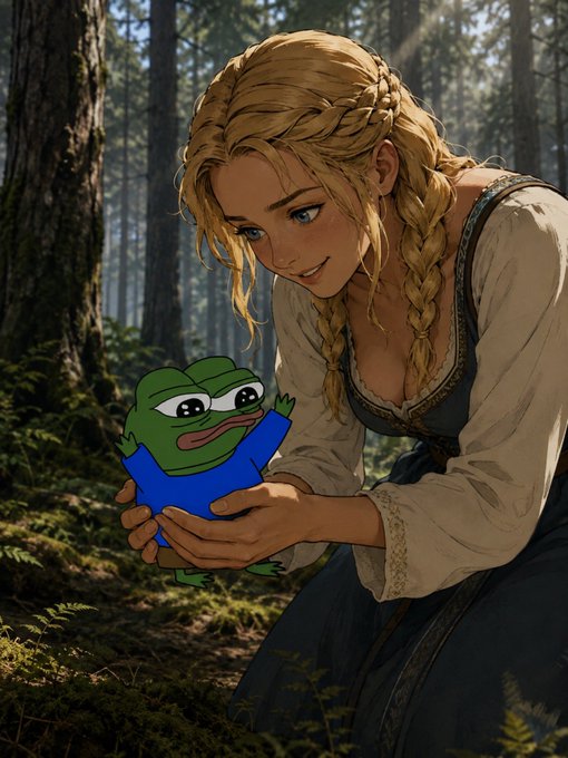 A digitally illustrated, stylized image of a blonde woman in medieval-style clothing holding a cartoon Pepe the Frog character wearing a blue shirt, standing in a forest.