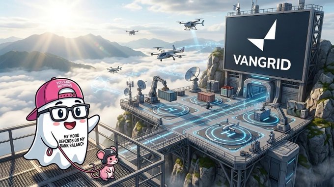 A cartoon ghost character wearing a pink 'YOU SEE NOTHING' cap and glasses observes a futuristic VANGRID mountain base with landing pads and aircraft, with a speech bubble reading 'MY MOOD DEPENDS ON MY BANK BALANCE'.