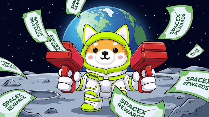A cartoon illustration of a Shiba Inu dog dressed as an astronaut on the moon, holding two red devices while 'SPACEX REWARDS' papers float around with Earth visible in the background.