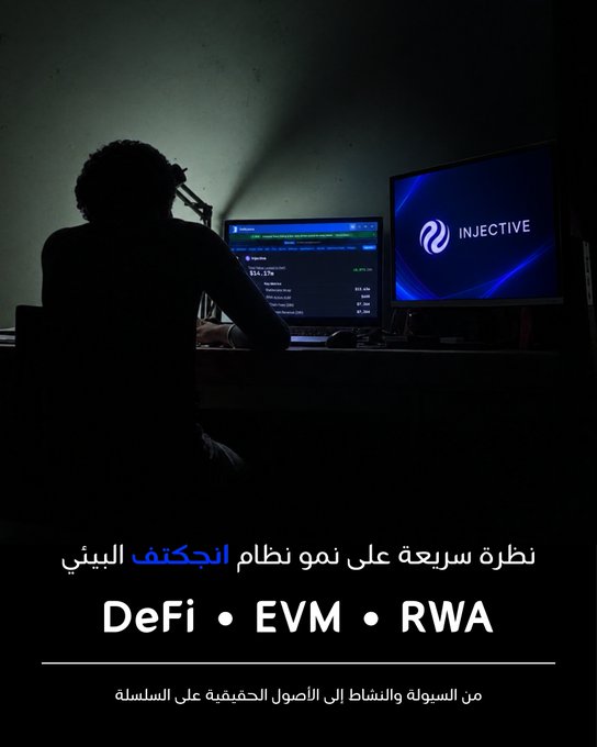 A dark silhouette of a person sitting at a desk with multiple monitors, one displaying the Injective logo and another showing a trading interface, with Arabic text promoting a quick overview of the Injective system covering DeFi, EVM, and RWA.