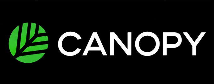 The image features a logo for a company called Canopy, which specializes in creating appchains. The logo consists of a black rectangle with white text that reads "Canopy" followed by a green circle containing a leaf design. This logo represents the company's focus on simplifying the process of developing appchains and leveraging shared ecosystem security to create specialized chains quickly.