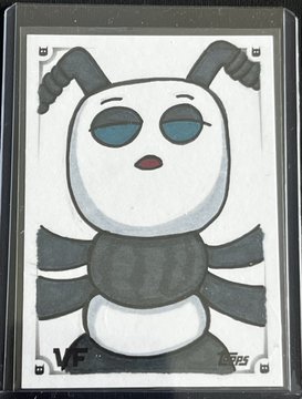 A hand-drawn VeeFriends (VF) trading card illustration of a panda-like character with closed eyes and a grey striped body.