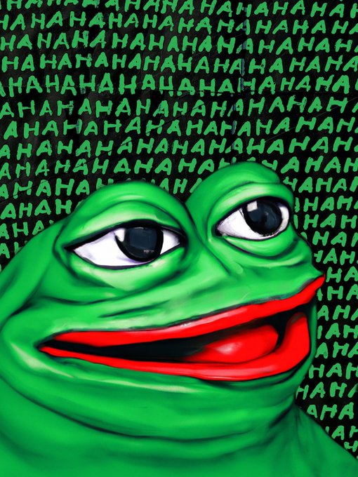 A Pepe the Frog meme illustration set against a black background patterned with the word 'HAHAHA' in green.