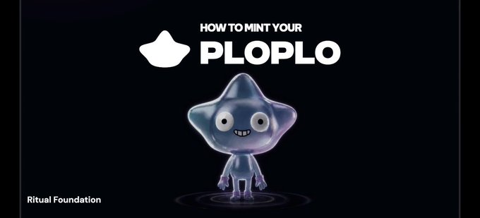 A glossy blue star-shaped character labeled "PLOPLO" stands beneath the header "HOW TO MINT YOUR PLOPLO" on a black background, with "Ritual Foundation" in the corner. The image visually introduces the step-by-step guide to minting the PLOPLO NFT by showcasing the character you can obtain through the minting process.