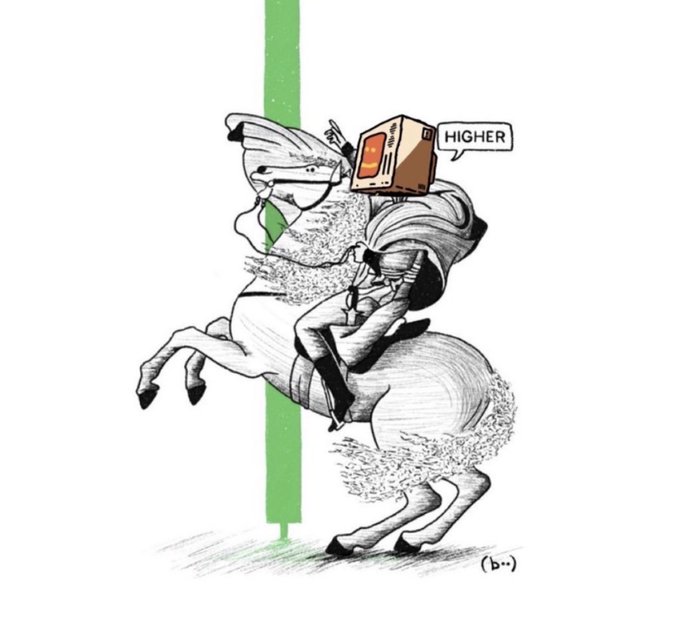 A hand-drawn illustration of a cowboy riding a rearing unicorn while holding a computer monitor that says 'HIGHER', with a green bar graph behind them.