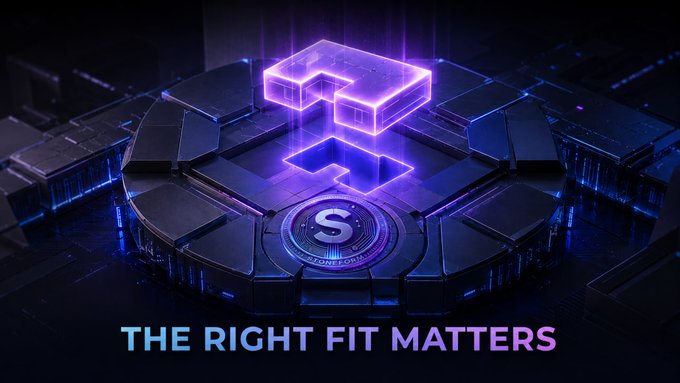 A glowing purple question mark hovers above a circular tech-inspired platform featuring an "S" emblem labeled "STONEFORM," accompanied by the text "THE RIGHT FIT MATTERS." The visual reinforces the team's message about evaluating potential partners to find the best long-term alignment for the Stoneform platform.