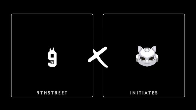 A minimalist black graphic showing '9THSTREET' on the left and 'INITIATES' on the right with a cat-like character, separated by an X symbol.