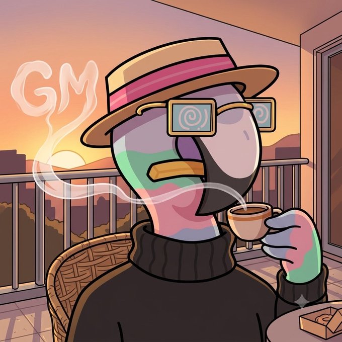 A colorful cartoon illustration of a character wearing a hat and glasses, drinking coffee with 'GM' (Good Morning) text in steam, set against a sunset cityscape.