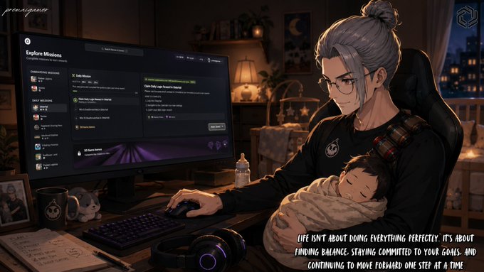 An anime-style illustration of a gamer with gray hair holding a baby while at a computer, with text reading 'LIFE ISN'T ABOUT DOING EVERYTHING PERFECTLY. IT'S ABOUT FINDING BALANCE, STAYING COMMITTED TO YOUR GOALS, AND CONTINUING TO MOVE FORWARD ONE STEP AT A TIME' and a monitor showing 'Explore Missions'.