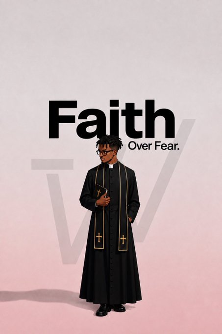 An illustrated poster of a young priest wearing glasses and holding a Bible, with the text "Faith Over Fear" displayed against a pale pink background.