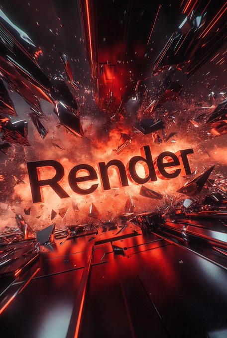 The image features a poster with the word "RENDER" written in bold red letters, surrounded by an explosion of sparks and debris. The background of the poster is black, creating a stark contrast that makes the word "RENDER" stand out prominently. The text on the poster reads "EXPLODE when risk-on finally kicks in The market’s been consolidating, waiting for the signal - but Render isn't waiting - it's been building the decentralized GPU backbone for the entire AI + creative economy while others slept". This message emphasizes the importance of Rendering technology and its role in the development of the AI+ creative economy.