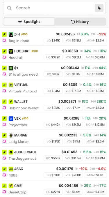 A cryptocurrency tracking app displays a list of meme coins and tokens including DIH (Dog In Hood), HOODRAT, $1 ($1 is all you need), VIRTUAL (Virtuals Protocol), WALLET (Robinhood Wallet), VEX (ProjectVex), MARIAN (Lady Marian), JUGGERNAUT (The Juggernaut), 4663, and GME (GameStop), showing prices, volume, and 24-hour changes.