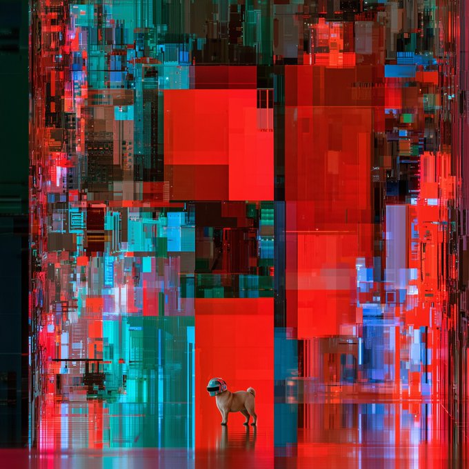 A digital artwork featuring a small dog wearing a futuristic helmet standing in front of a vibrant abstract background with glitchy red, teal, and blue geometric blocks.