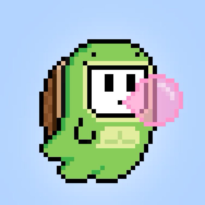 A pixel art character resembling a green-clad figure holding pink bubblegum against a light blue background.