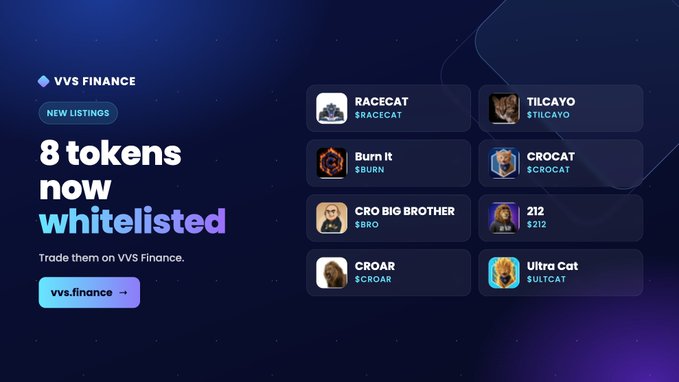A high-resolution version of the VVS Finance promotional graphic announcing '8 tokens now whitelisted,' including RACECAT ($RACECAT), TILCAYO ($TILCAYO), Burn It ($BURN), CROCAT ($CROCAT), CRO BIG BROTHER ($BRO), 212 ($212), CROAR ($CROAR), and Ultra Cat ($ULTCAT), with a link to vvs.finance.