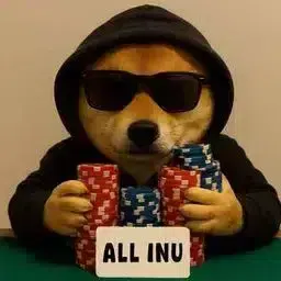 A Shiba Inu dog wearing sunglasses and a hoodie holds a fan of cash with the text "ALL INU" displayed, symbolizing an all-in betting wager—fittingly tying into the post's bold 19-leg parlay claim of turning it straight into $10M.