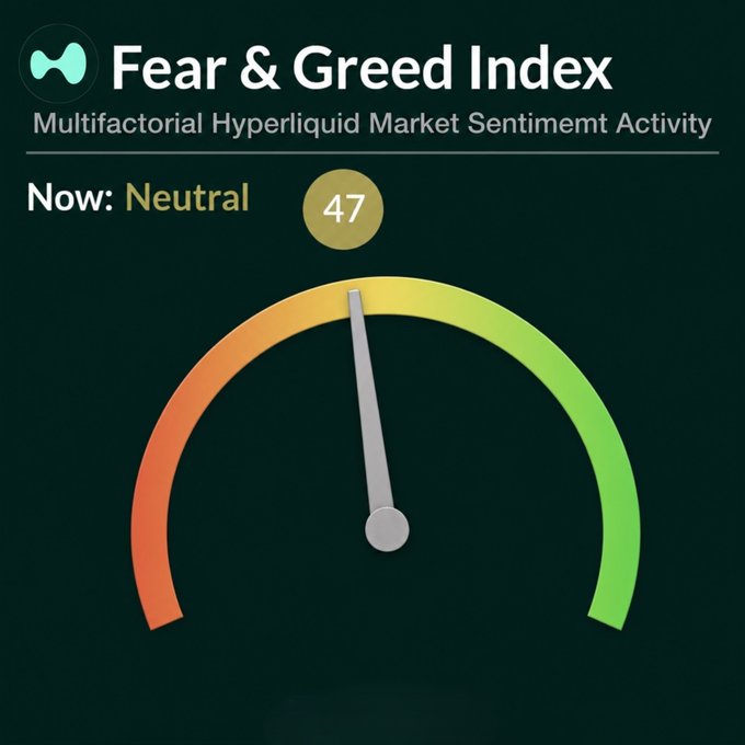 A 'Fear & Greed Index' gauge showing 'Now: Neutral' with a score of 47, described as 'Multifactorial Hyperliquid Market Sentiment Activity'.