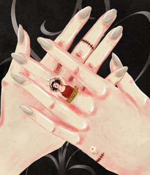 A stylized illustration of crossed pale hands with long nails, featuring small stitch-like scars and a tiny 'G FUEL' can labeled with a character ring.