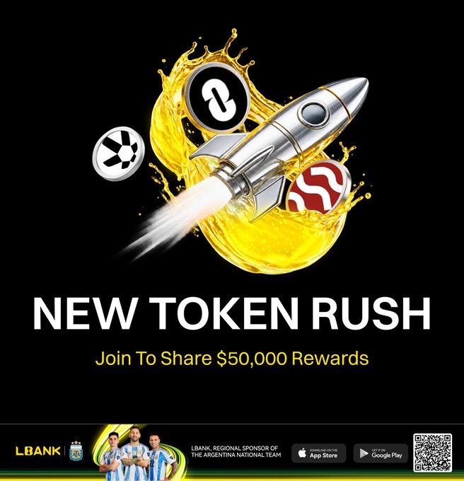 A promotional graphic for LBank's "New Token Rush" event featuring a silver rocket blasting through a yellow splash with crypto tokens for QNT, SEI, and ZRO orbiting it, offering a $50,000 rewards pool and displaying the LBank x Argentina National Team sponsorship at the bottom.