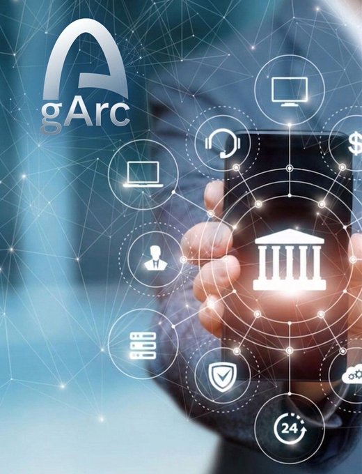 gArc promotional image featuring a person holding a smartphone displaying a network of icons including banking, security, and services, with the gArc logo.
