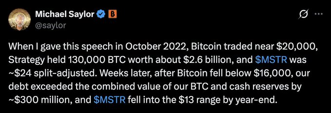 A social media post by a user named Michael Saylor, which includes information about Bitcoin trading and shares an interesting story. The post features a photo of the Twitter feed with the following caption from Saylor's message: "When I gave this speech in October 2020, Strategy held $130,000 BTC worth about $6.66 billion, and MSTR was -$24,800". The caption also includes some humor, saying 'Saylor forgot to tell you that basic mNAV was 1.39 then, so share issuance to buy BTC was still accretive'.